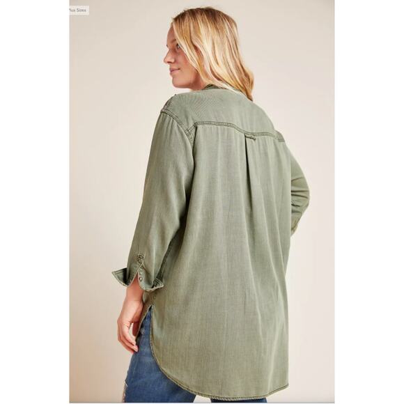 ANTHROPOLOGIE Army Green Sequined Cargo Button Down Shirt // 14 - Picture 3 of 14